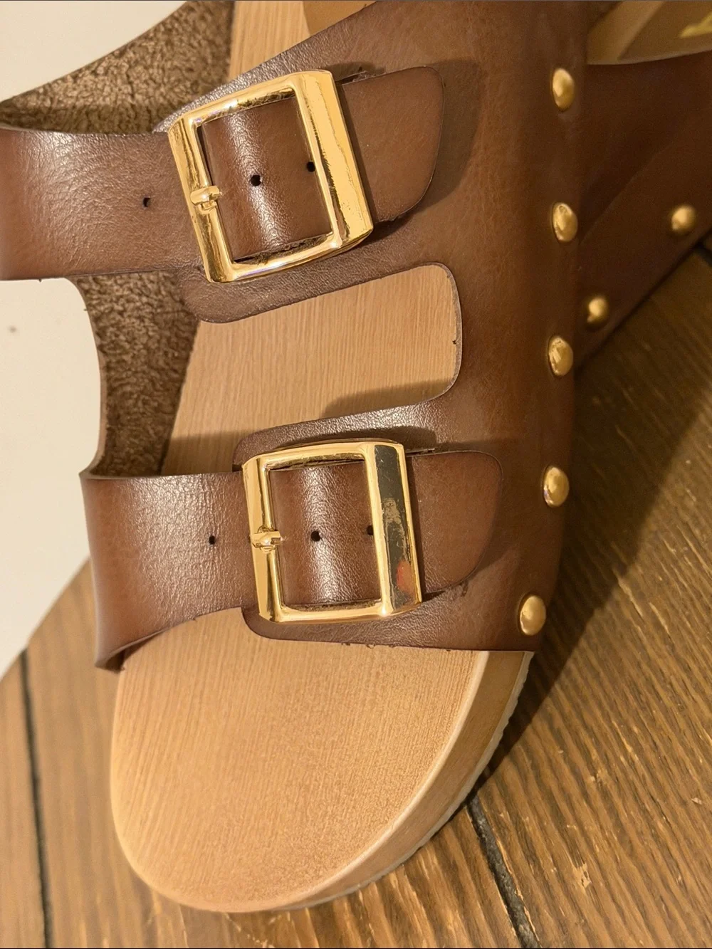 MIA Brown Double-Buckle Slide Sandals with Gold Buckles